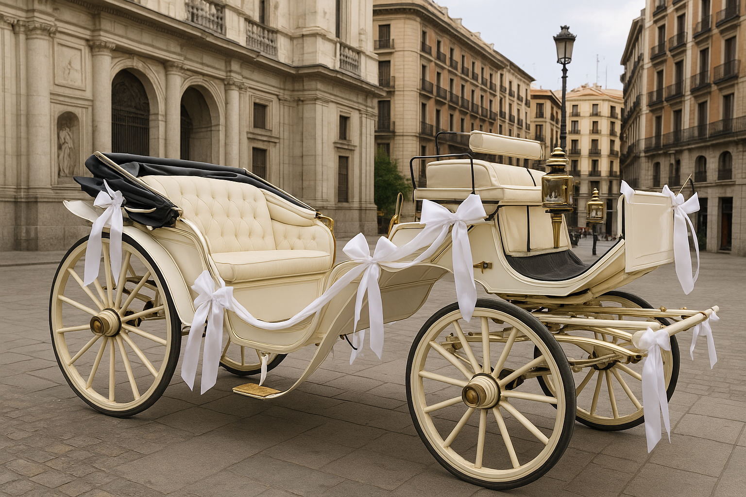 Elegant wedding coach decorated with ribbons in Madrid city. Alt: wedding coach hire Madrid prices with decorated wedding coach