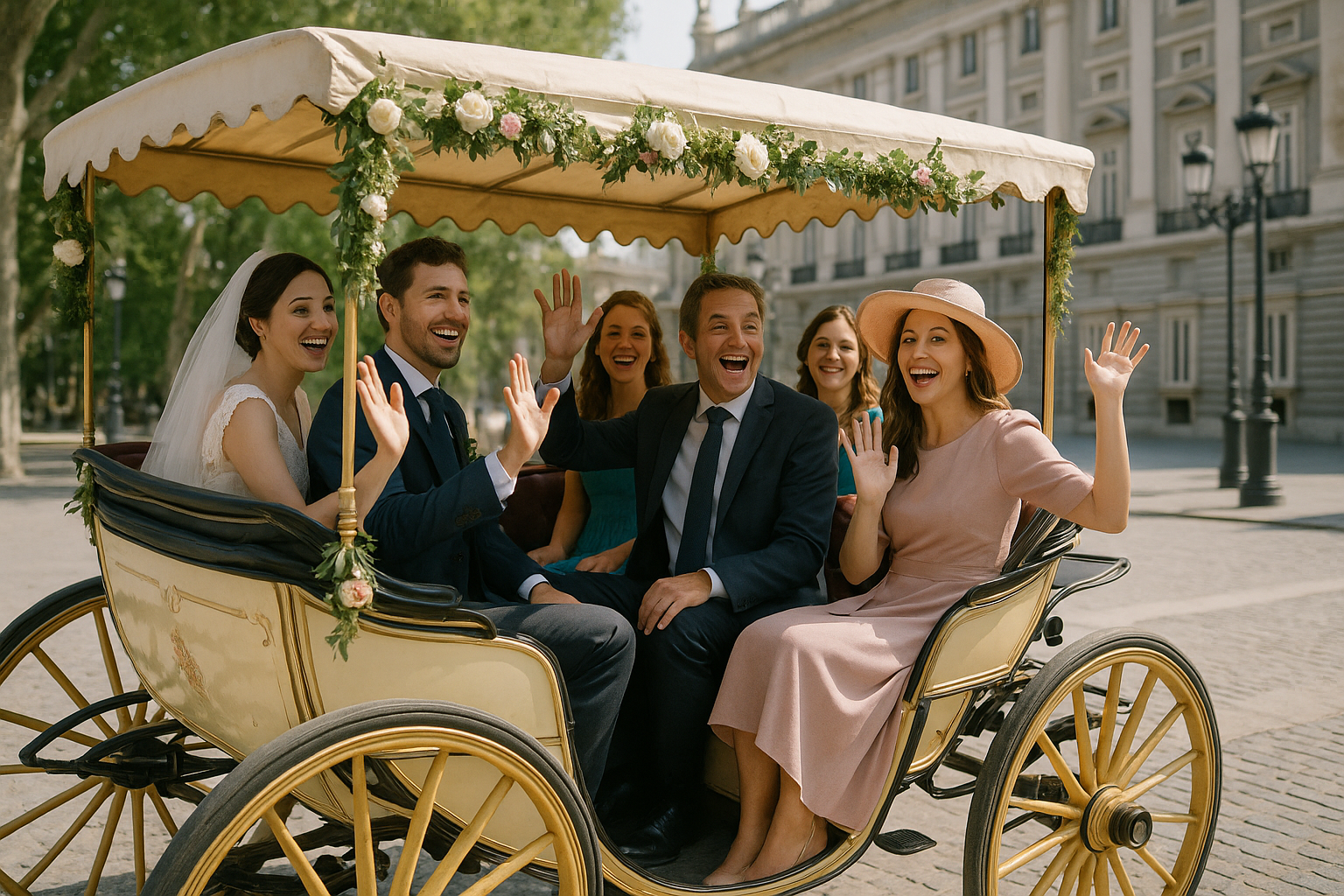 Wedding guests enjoying a decorated vintage coach in Madrid. Alt: wedding coach hire Madrid prices with happy guests aboard a wedding coach