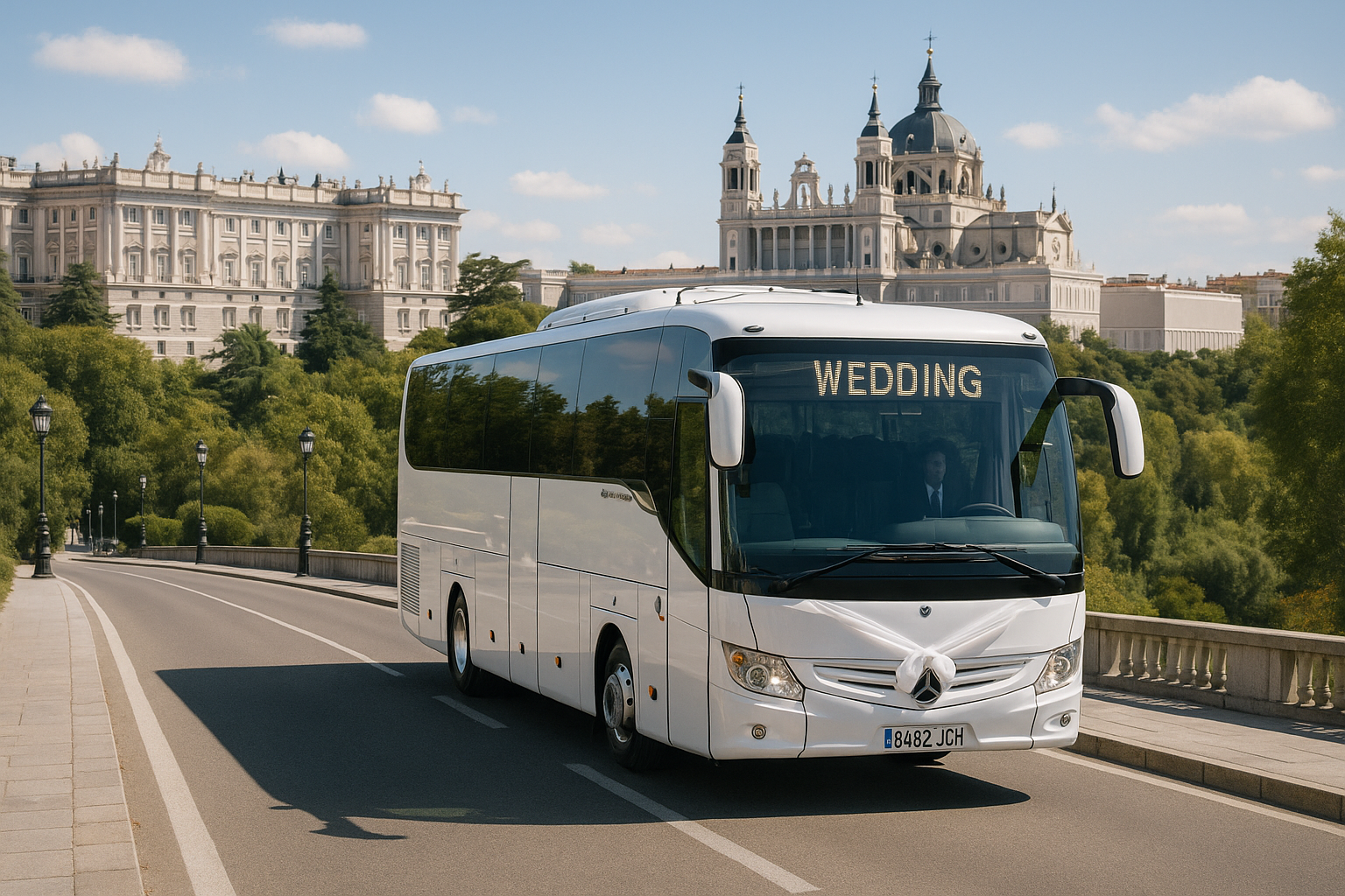 Wedding coach on a scenic Madrid route for guests. Alt: wedding coach hire Madrid prices with stylish wedding coach on route