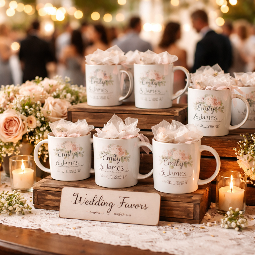 A photorealistic scene of a wedding reception table featuring elegantly displayed customizable wedding favor mugs, with guests mingling in the background. Alt: Photorealistic wedding favor mugs display at reception.