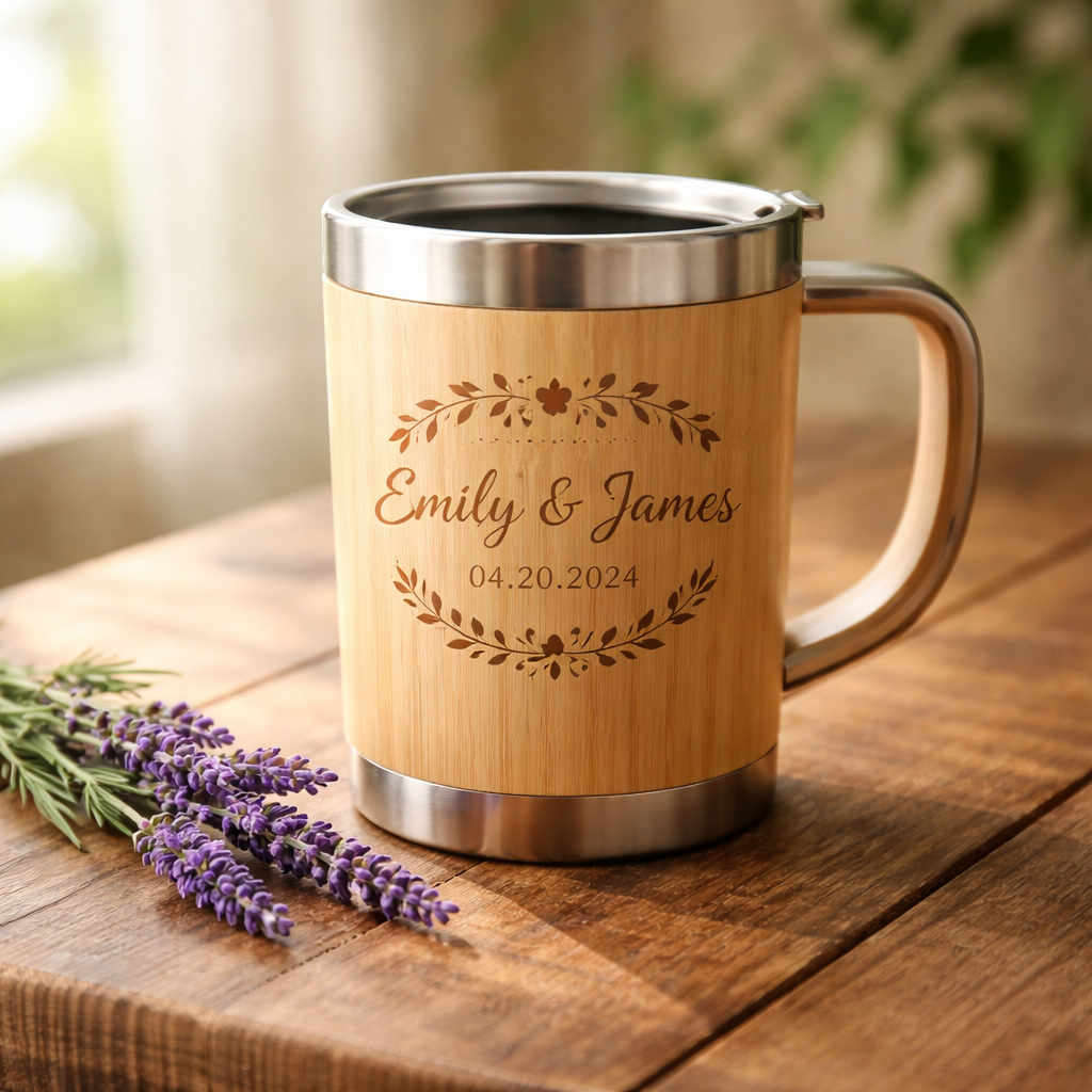 A photorealistic scene of a wedding favor bamboo mug on a natural wood table, with a sprig of lavender beside it, soft daylight streaming in. Alt: eco-friendly bamboo wedding favor mug print on demand.