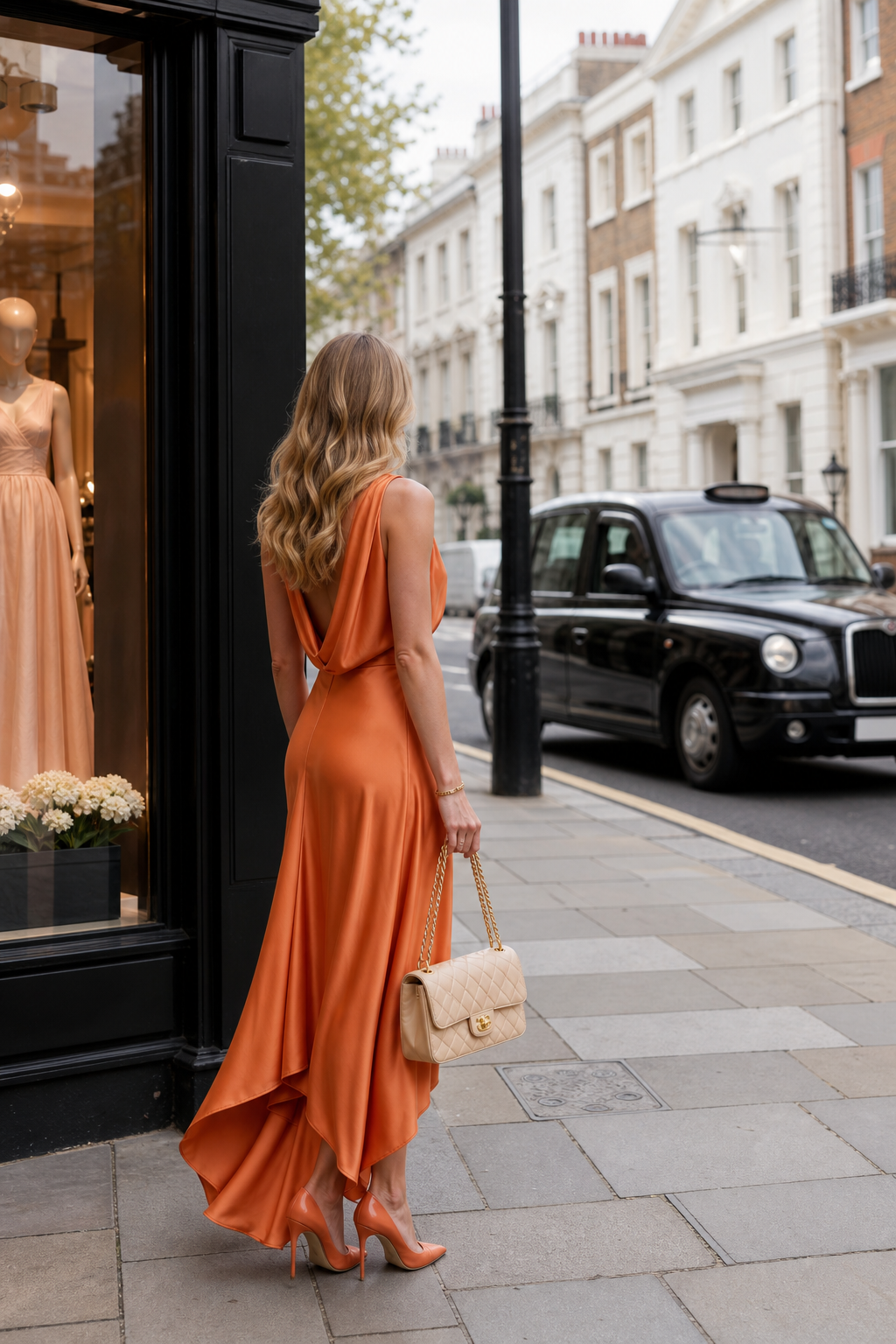 A photorealistic scene of a stylish woman in a pre‑owned designer dress, standing on a London street with a boutique storefront in the background, soft natural lighting, elegant yet sustainable fashion vibe.