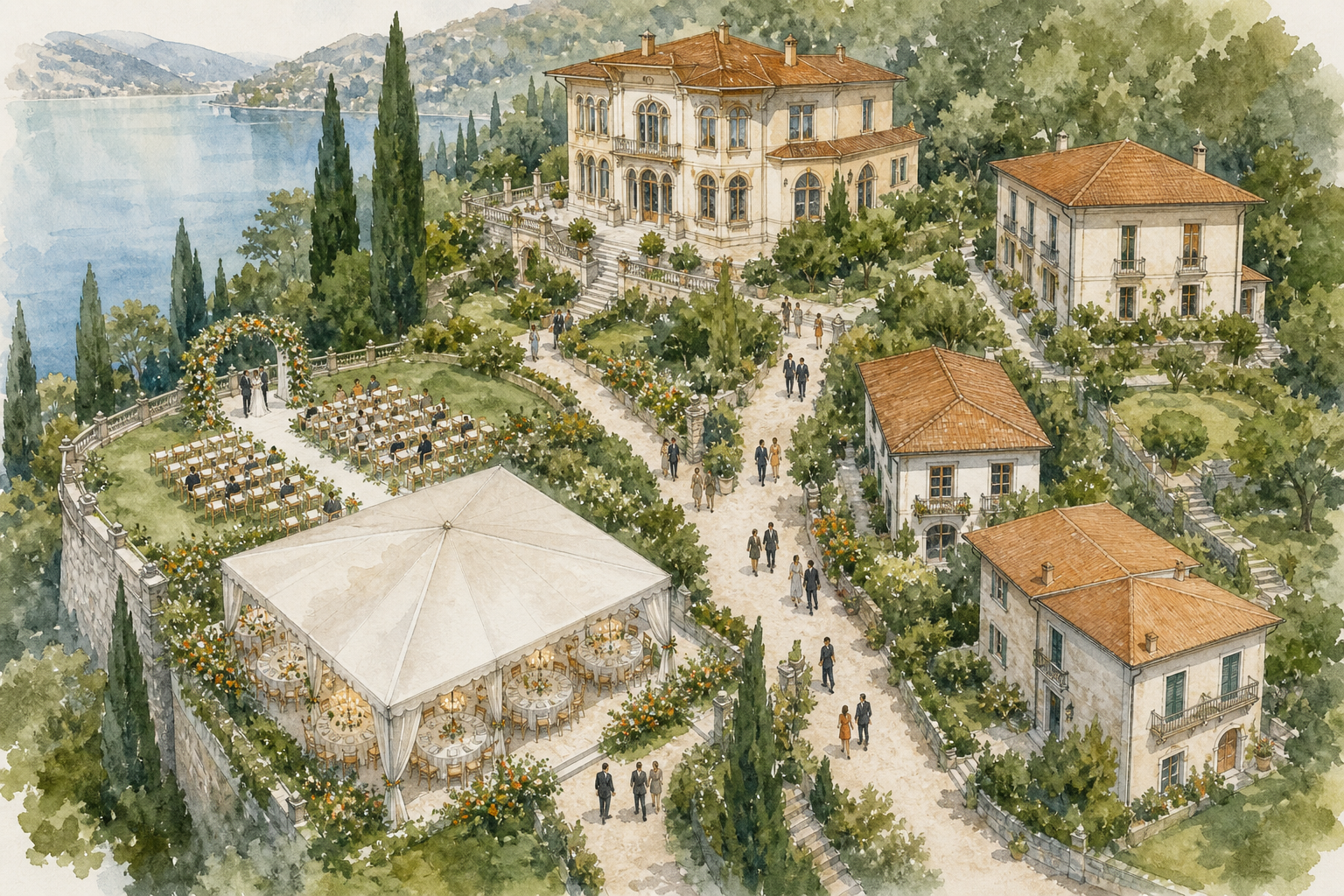 Italian estate wedding ceremony reception and guest accommodation plan