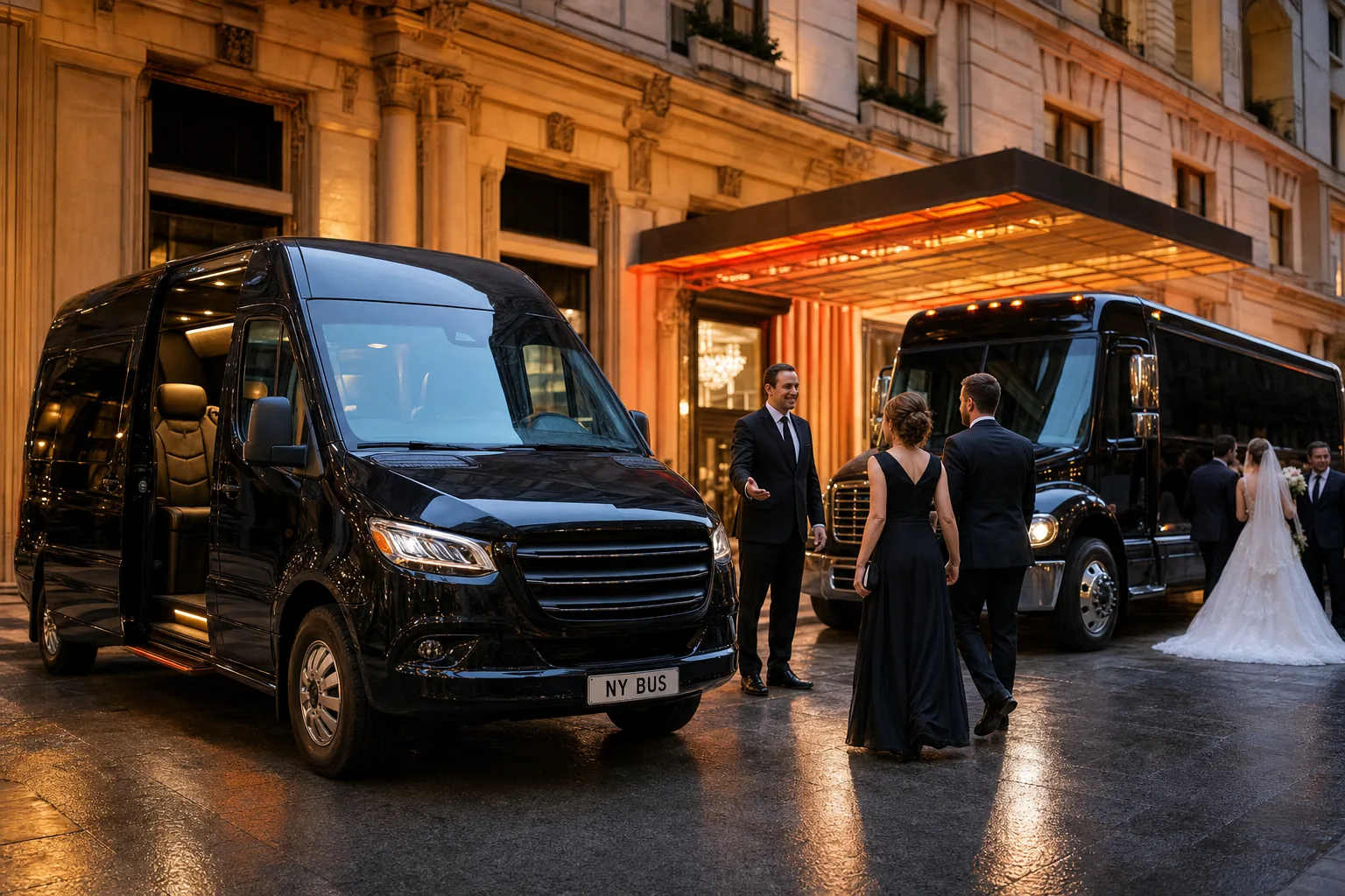 Wedding shuttle vehicles arriving at a New York wedding venue with a professional chauffeur.