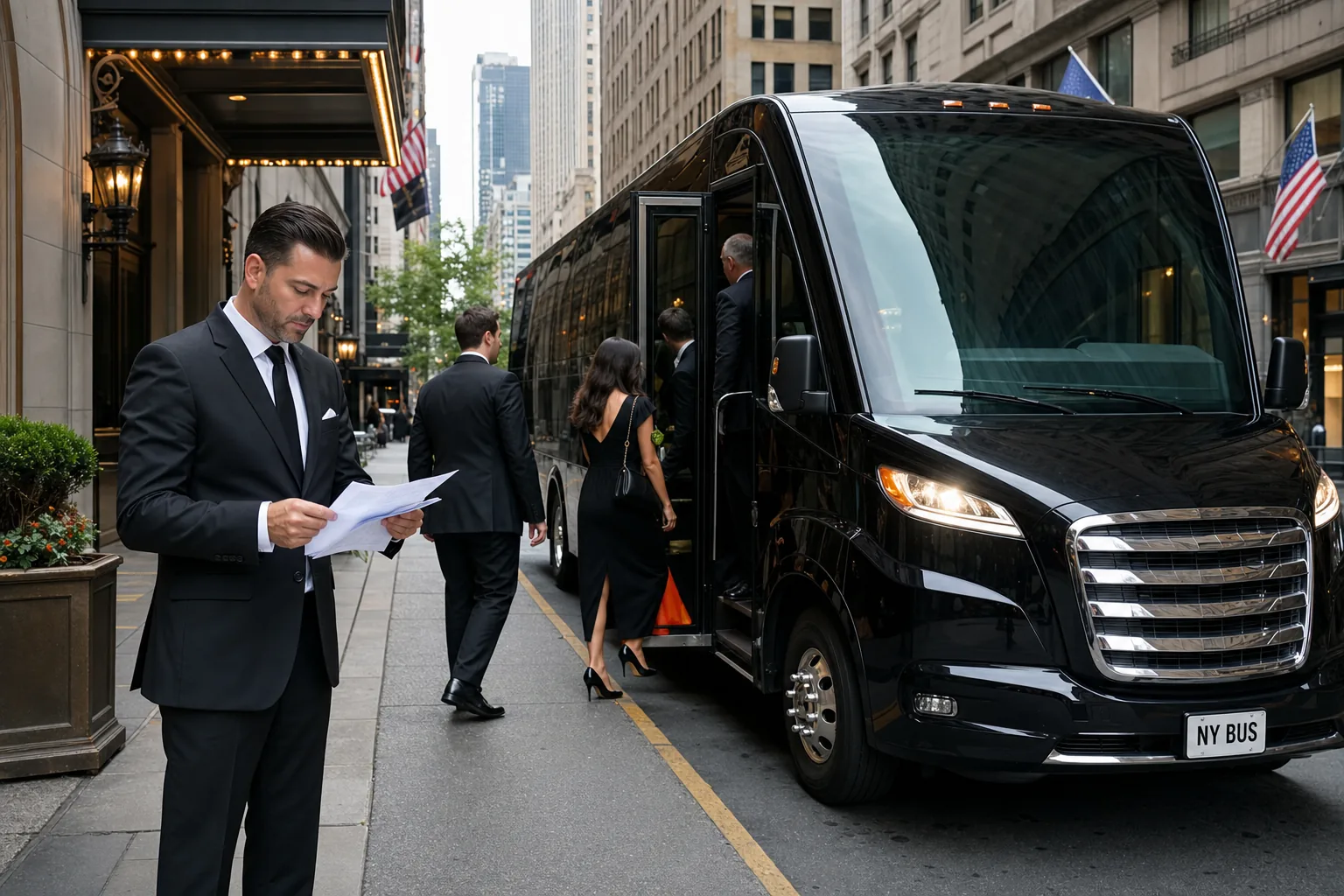 Chauffeur reviewing a wedding shuttle route beside a bus outside a New York hotel.