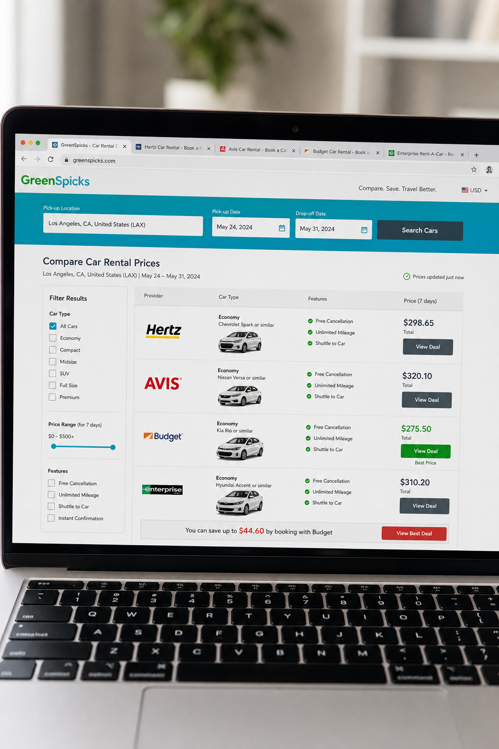 A photorealistic image of a laptop screen showing multiple car rental comparison tabs open, with price differences highlighted. Alt: Comparison of weekly car rental prices across websites.