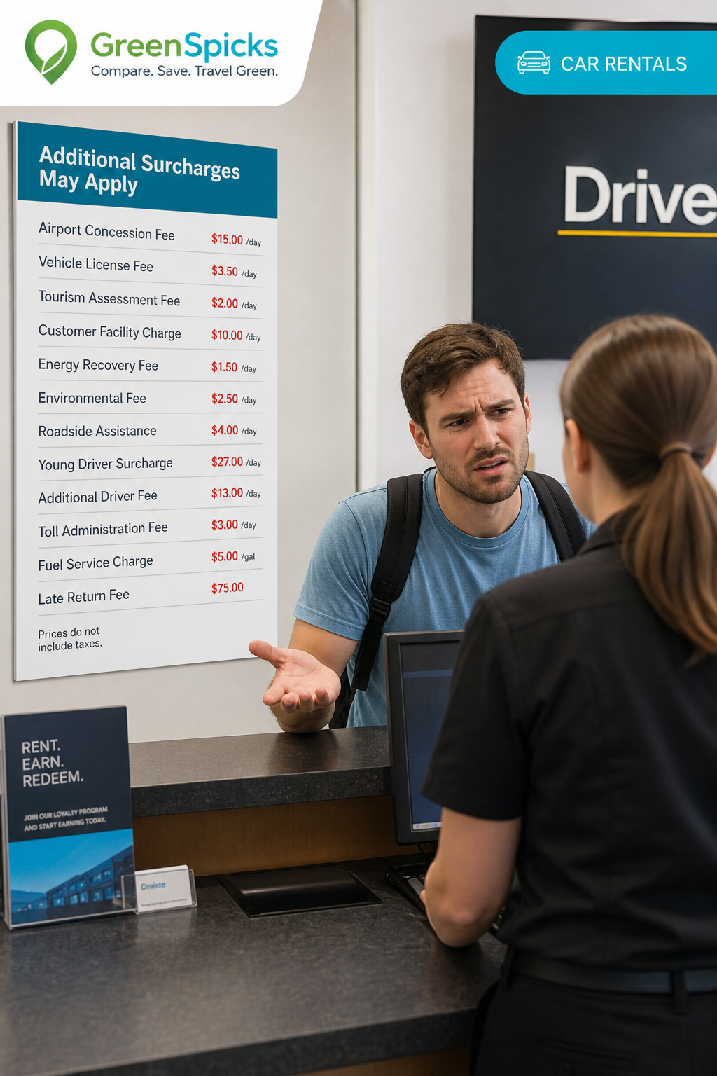 A photorealistic image of a rental car counter with a sign listing various surcharges, and a traveler looking confused. Alt: Hidden fees at a car rental counter.