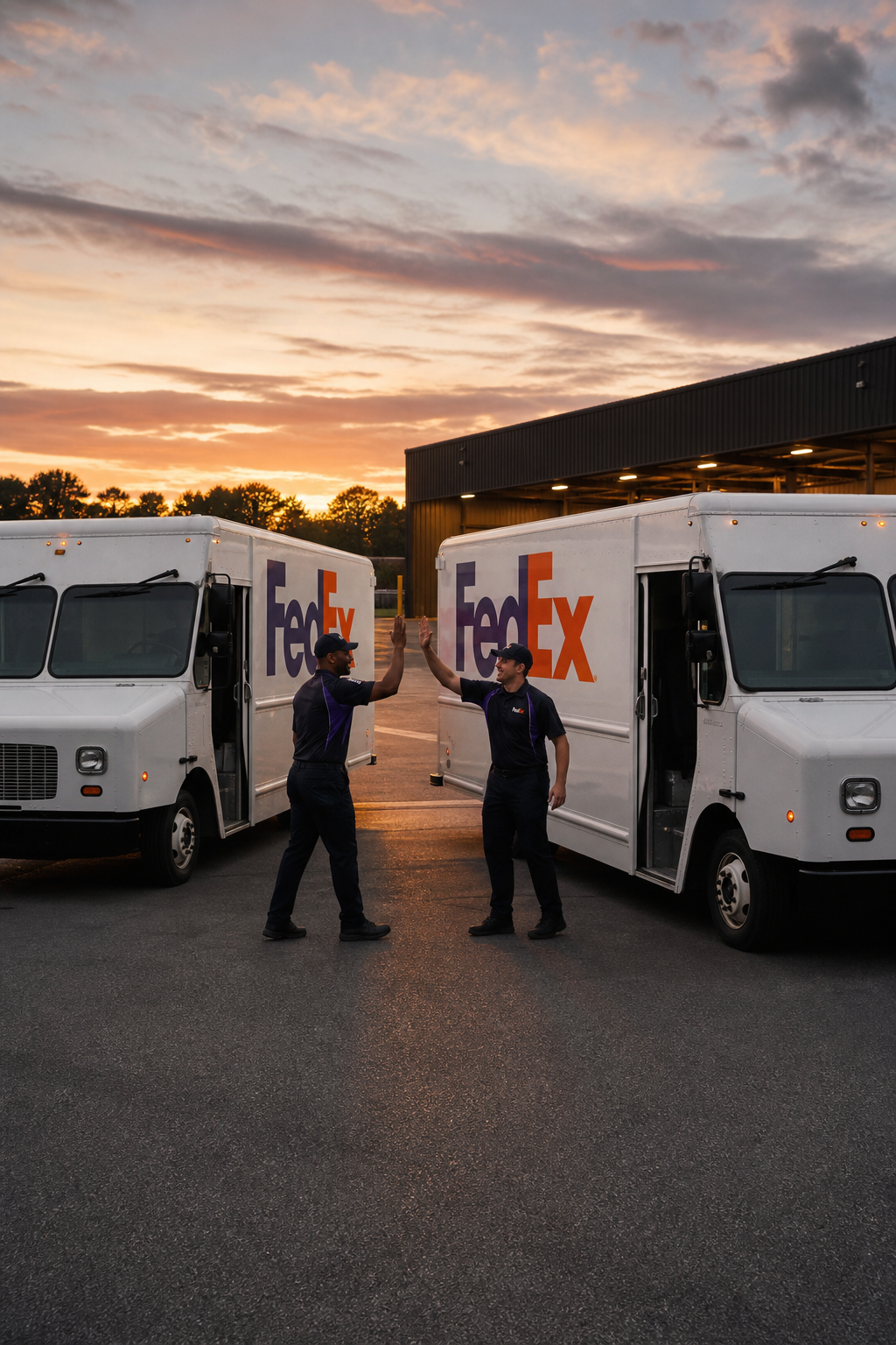 A realistic scene of two FedEx trucks pulling into a regional depot at sunset, with drivers exchanging a high‑five. Alt: FedEx regional team routes, weekly pay drivers, sunset depot.