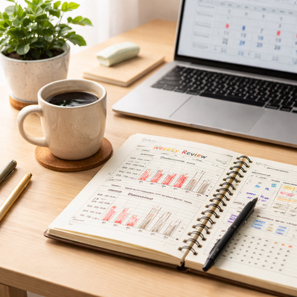 A calm desk with a laptop, a notebook filled with Pomodoro charts, and a steaming mug of coffee beside a small plant. Alt: Weekly review session setup