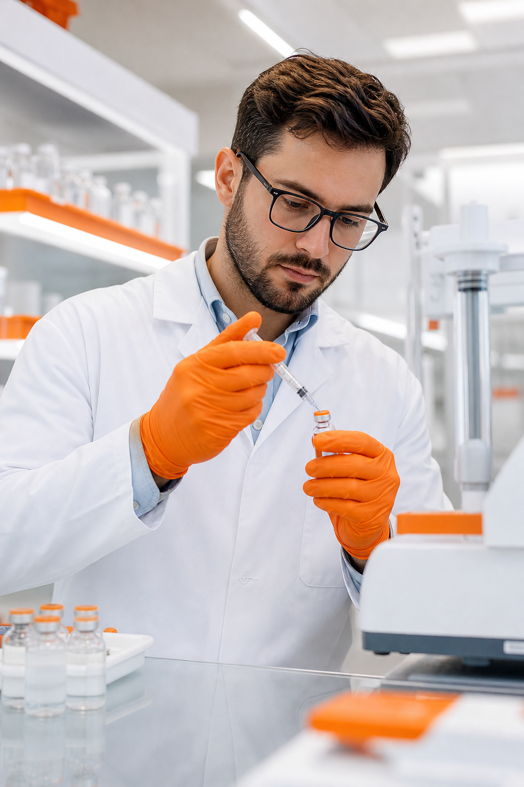 A pharmacist in a white coat carefully preparing a vial in a clean lab with modern equipment, photorealistic style. Alt: Compounding pharmacy preparing GLP-1 injection.