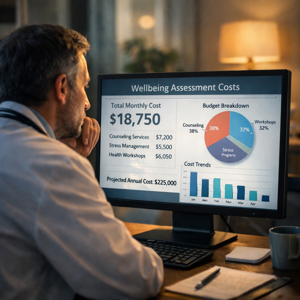 A cinematic scene of a doctor looking at a computer screen displaying cost figures and charts, with a calm office background. Alt: wellbeing assessment cost for doctors budgeting visual