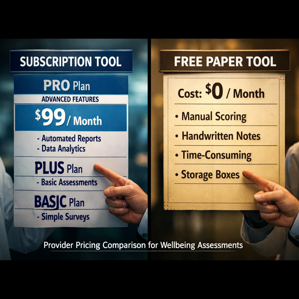 A cinematic split‑screen showing two pricing tables side by side, one for a subscription tool and one for a free paper tool, with a doctor pointing at the numbers. Alt: provider pricing comparison for wellbeing assessments
