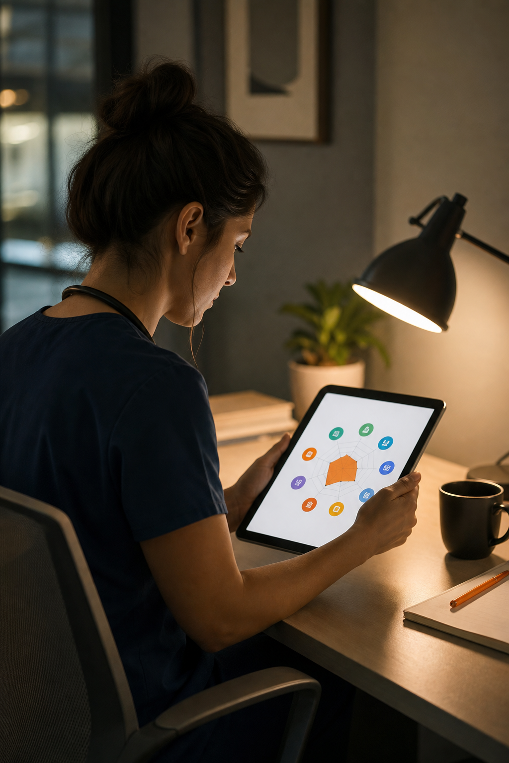 Cinematic shot of a medical resident sitting in a quiet room, looking at a tablet showing a colorful wellness dashboard with eight pillars. The room is softly lit by a desk lamp. Alt: Medical resident completing a confidential wellbeing self-assessment on a tablet.