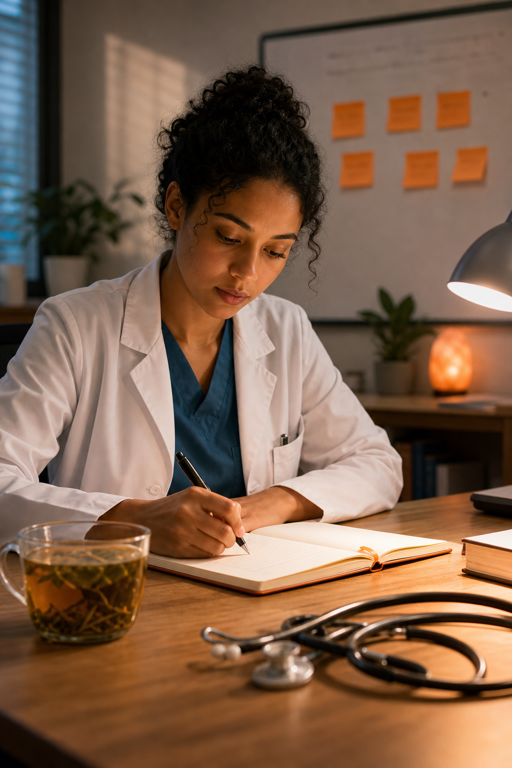 Cinematic shot of a medical resident writing in a notebook with a cup of herbal tea nearby, a stethoscope on the desk. The background shows a whiteboard with goals. Alt: Medical resident creating a personalized action plan based on wellbeing assessment results.