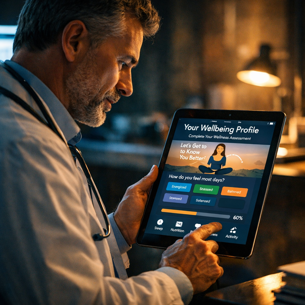 A cinematic style scene of a doctor reviewing a digital wellbeing dashboard on a tablet, alt: doctor using wellbeing profile quiz platform