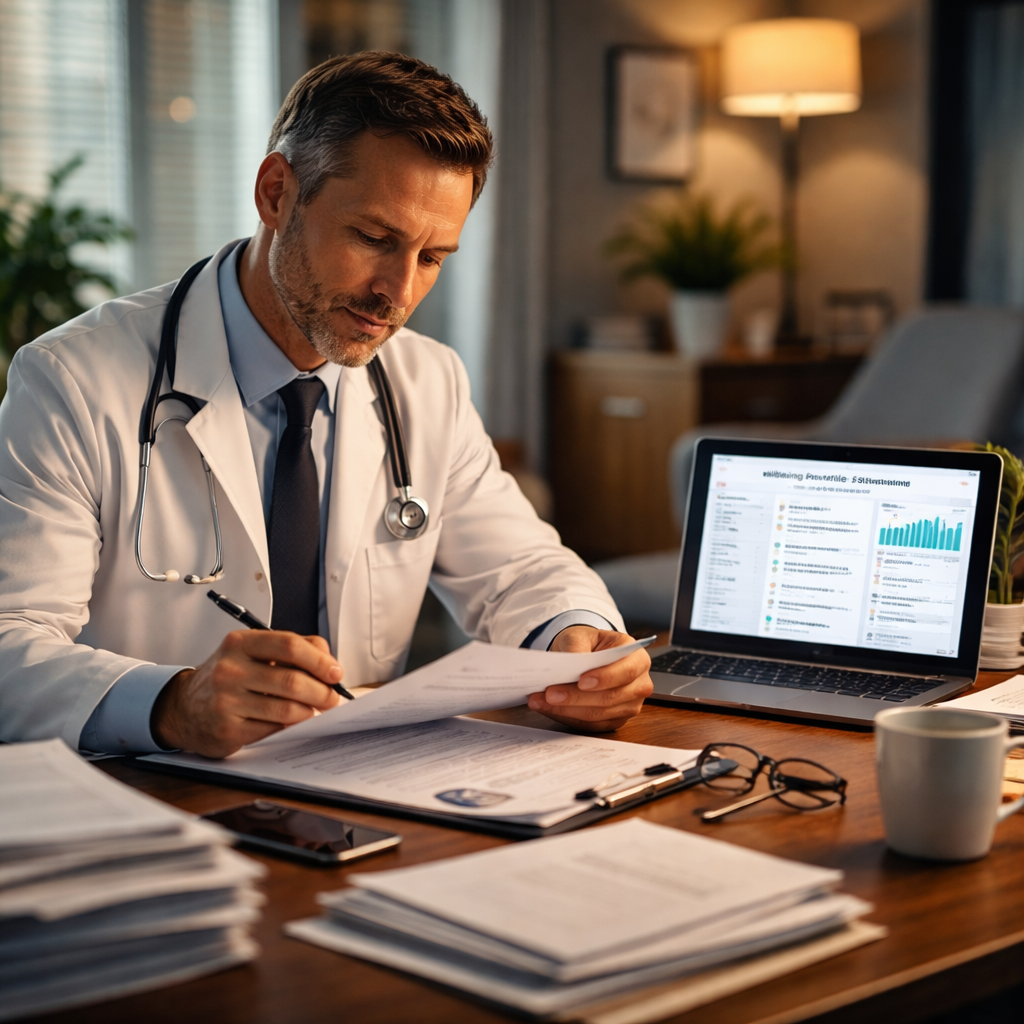 A cinematic style illustration of a physician at a desk surrounded by organized documents, a laptop displaying a PDF, and a calm office environment. Alt: physician gathering professional data for wellbeing profile self assessment for physicians pdf