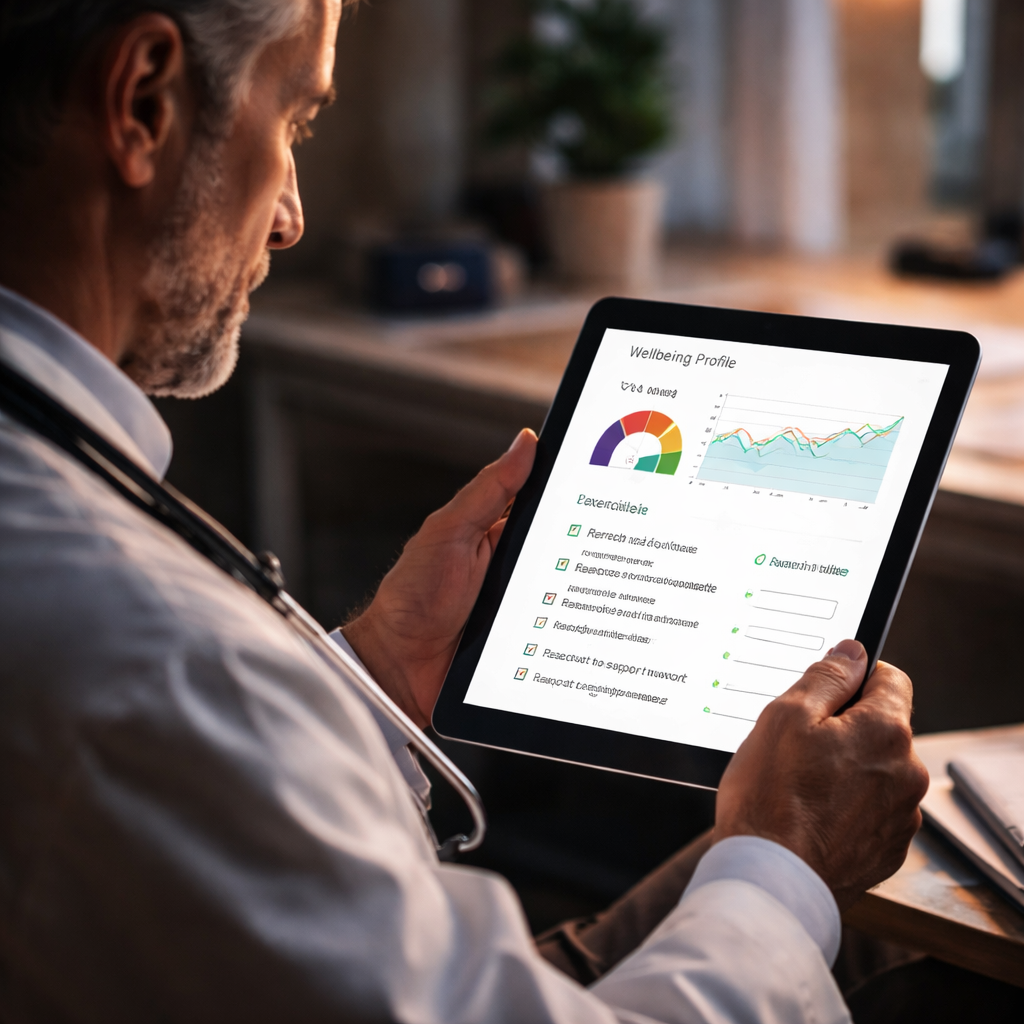 A cinematic style scene of a physician reviewing a digital dashboard on a tablet, with graphs of wellbeing scores and a checklist of actions. Alt: physician implementing follow‑up plan from wellbeing profile self assessment for physicians pdf