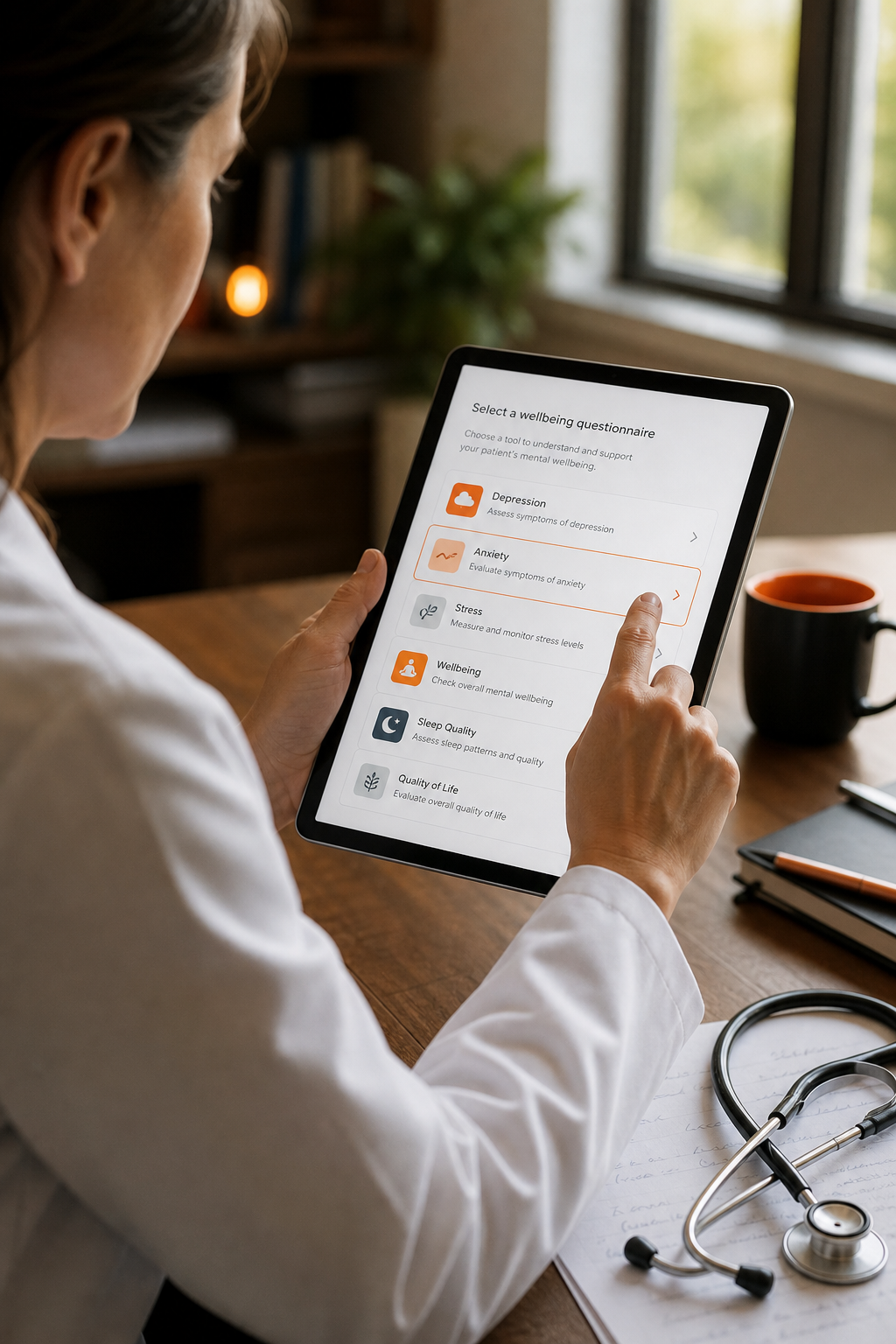 Cinematic shot of a clinician reviewing multiple questionnaires on a tablet, with a stethoscope and coffee mug on a desk, soft natural light from a window. Alt: clinician selecting a wellbeing questionnaire tool