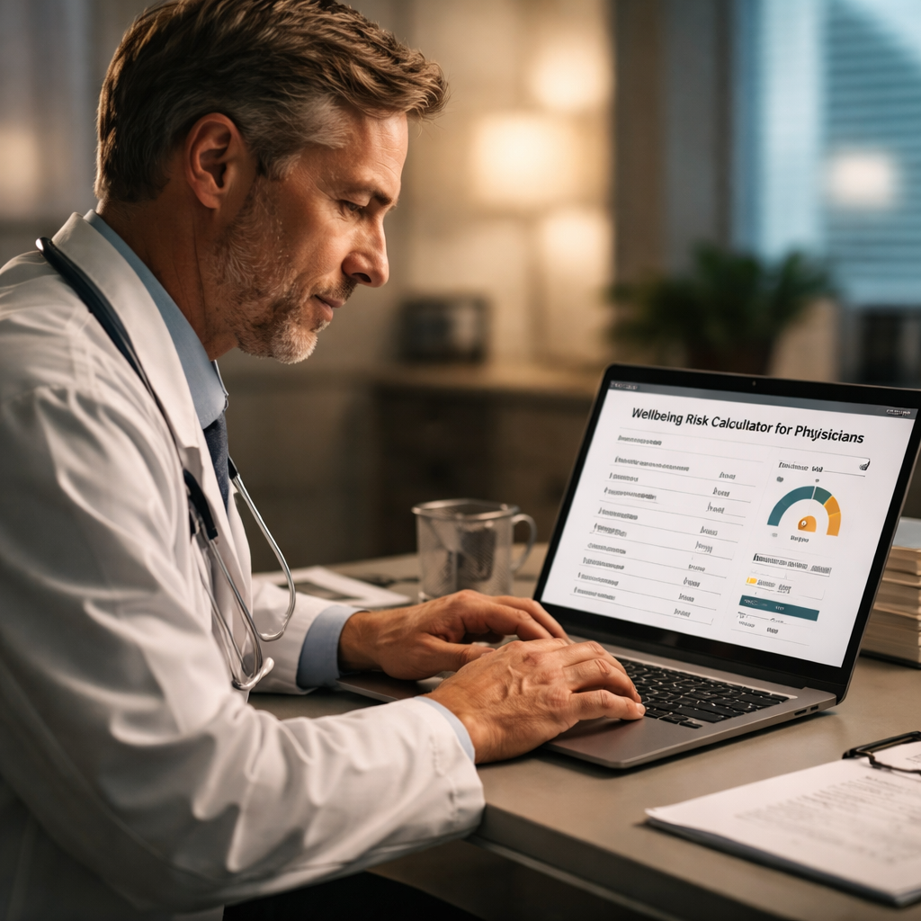 A cinematic, photorealistic scene of a doctor sitting at a desk, entering numbers into a wellbeing risk calculator on a laptop, with soft hospital lighting and a calm expression. Alt: doctor using wellbeing risk calculator for physicians