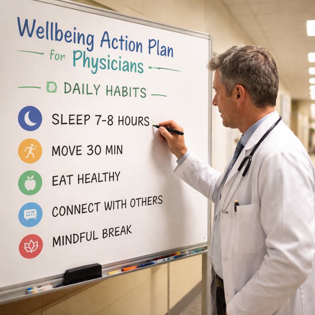 A cinematic scene of a doctor writing a simple habit checklist on a whiteboard in a quiet hospital hallway. Alt: wellbeing action plan for physicians using MarisGraph pillars