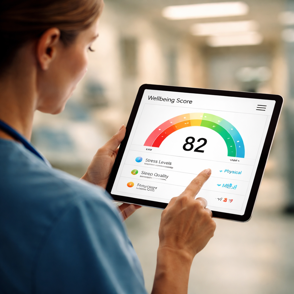 A cinematic, photorealistic scene of a nurse holding a tablet that displays a colourful wellbeing score chart, soft hospital lighting, focus on the screen, conveying calm and data‑driven insight. Alt: Nurse using wellbeing score calculator for nurses.