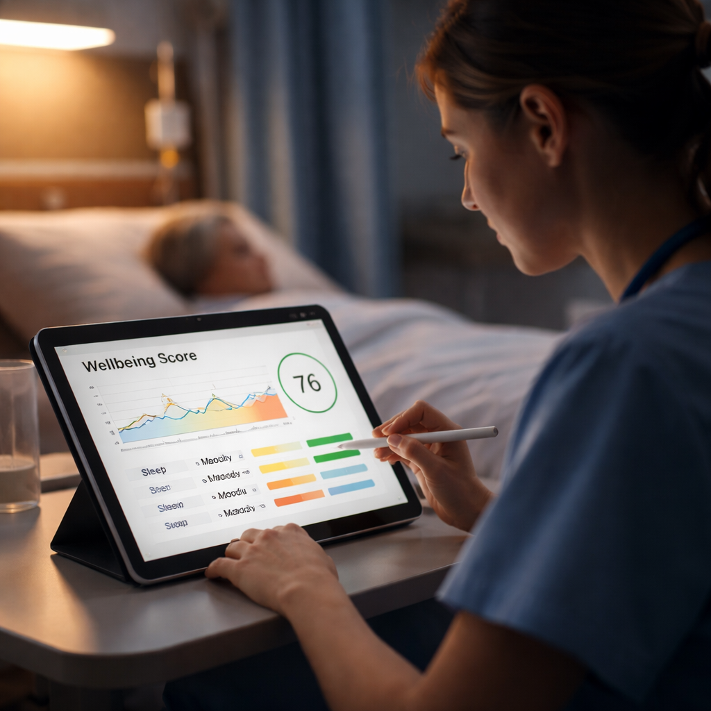A cinematic scene of a nurse sitting at a bedside table with a tablet displaying a wellbeing score chart, soft hospital lighting, focus on the screen showing progress bars. Alt: Nurse tracking wellbeing score over time with a tablet.