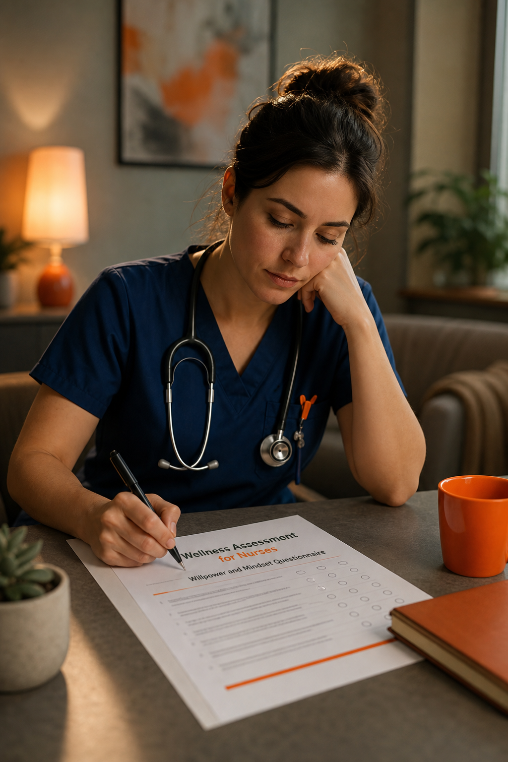A nurse sitting in a quiet break room, filling out a paper questionnaire with a pen, looking reflective. The lighting is soft and warm. Cinematic style. Alt: Nurse completing wellness assessment questionnaire for nurses regarding willpower and mindset.