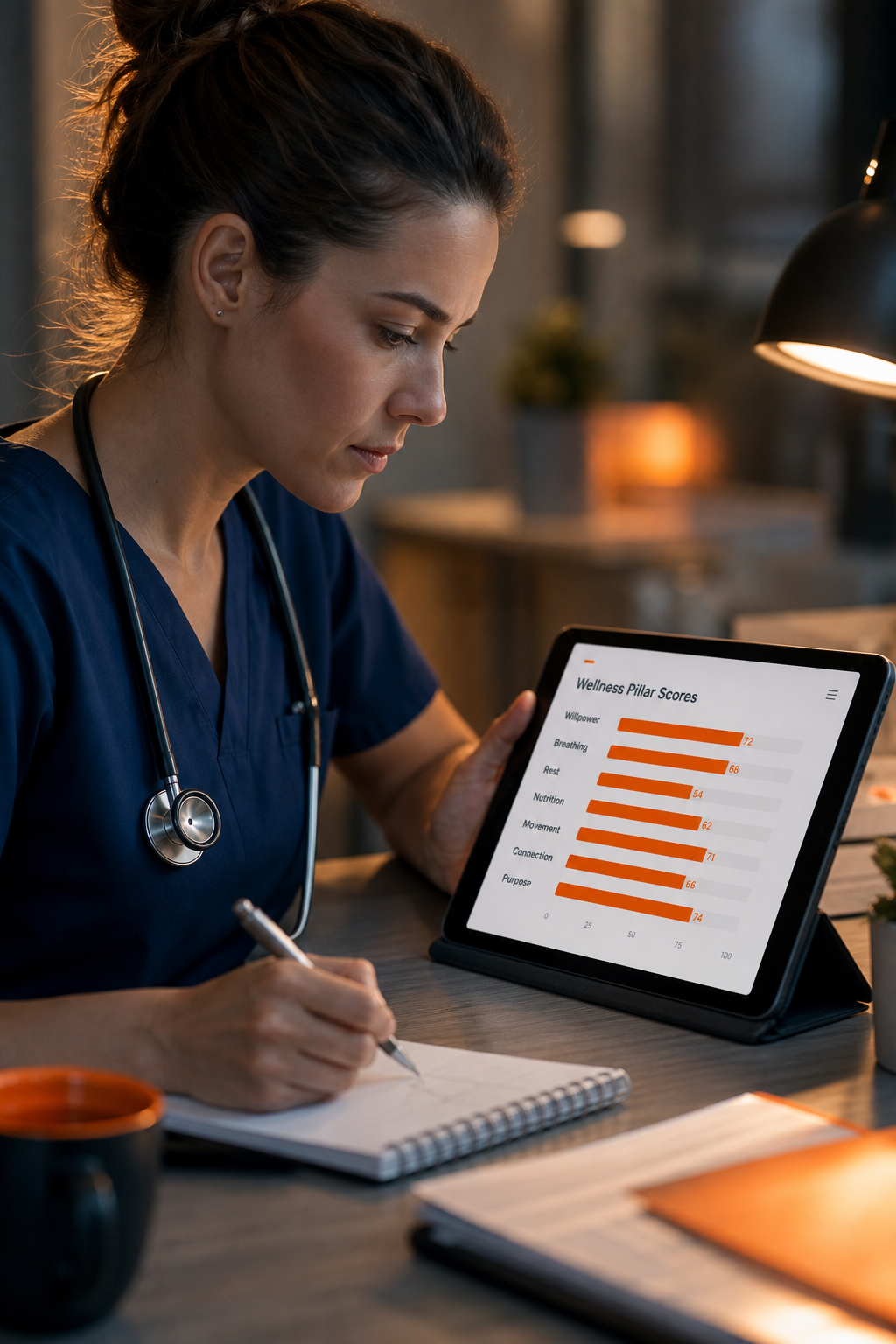 A nurse looking at a tablet screen showing a bar chart of wellness pillar scores , willpower, breathing, rest, etc. The nurse is holding a pen and a notepad, planning next steps. Cinematic style. Alt: Nurse reviewing compiled scores from a wellness assessment questionnaire for nurses on a tablet, creating an action plan.