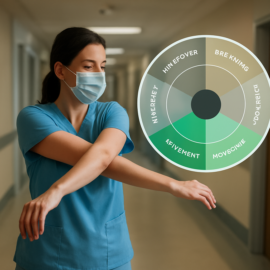 A clinician in scrubs performing a quick stretch by a hospital corridor, with a wellness wheel overlay highlighting the movement slice. Alt: Evaluate movement and physical activity with wellness wheel assessment