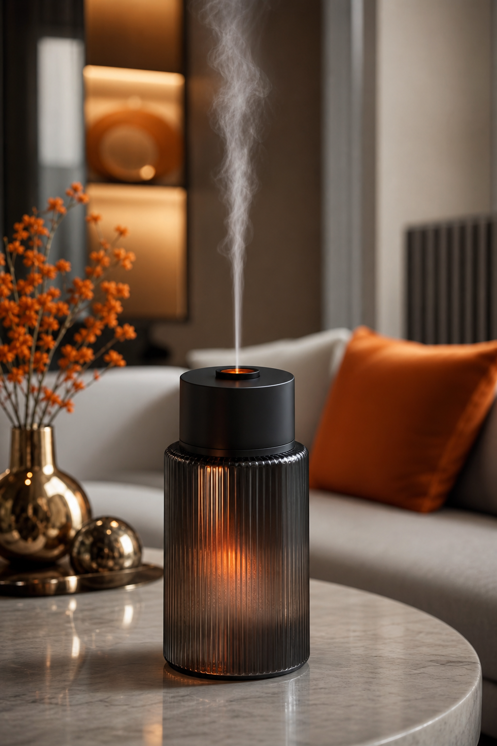 A photorealistic close-up of a luxury home fragrance diffuser emitting a fine mist, with soft lighting and elegant decor in the background. Alt: Elegant luxury fragrance oil diffuser in a modern living room.