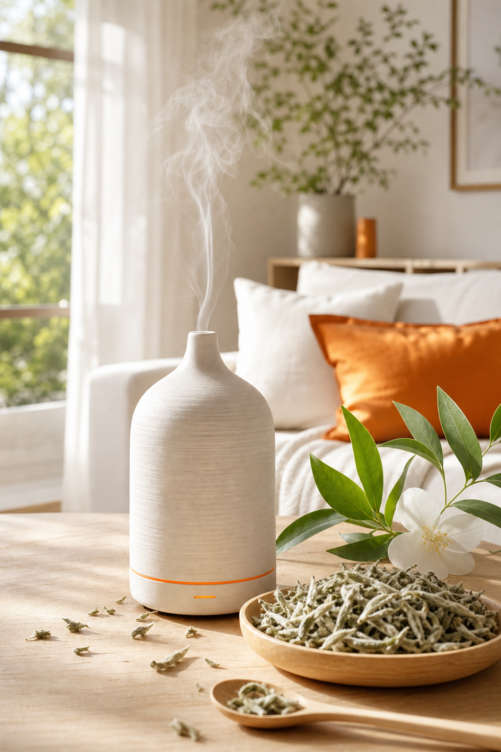 A photorealistic image of white tea leaves and a ceramic diffuser in a bright, airy room. Alt: Classic White Tea fragrance oil diffuser in a sunlit living space.