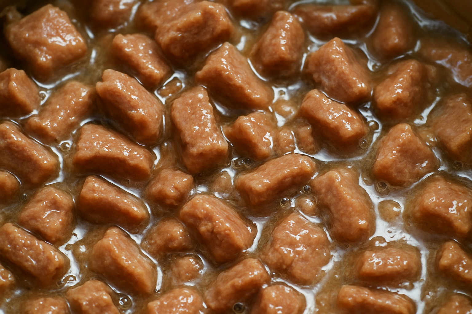 Close-up view of wet cat food canned product showing rich texture and chunks. Alt: wet cat food texture close-up with high moisture content.