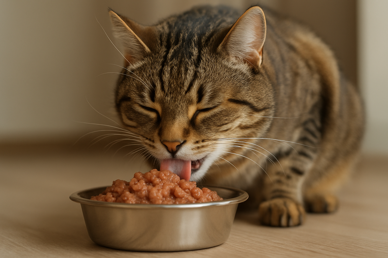 A cat eating wet food from a bowl, looking satisfied and healthy. Alt: happy cat eating nutrient-rich wet cat food bowl.