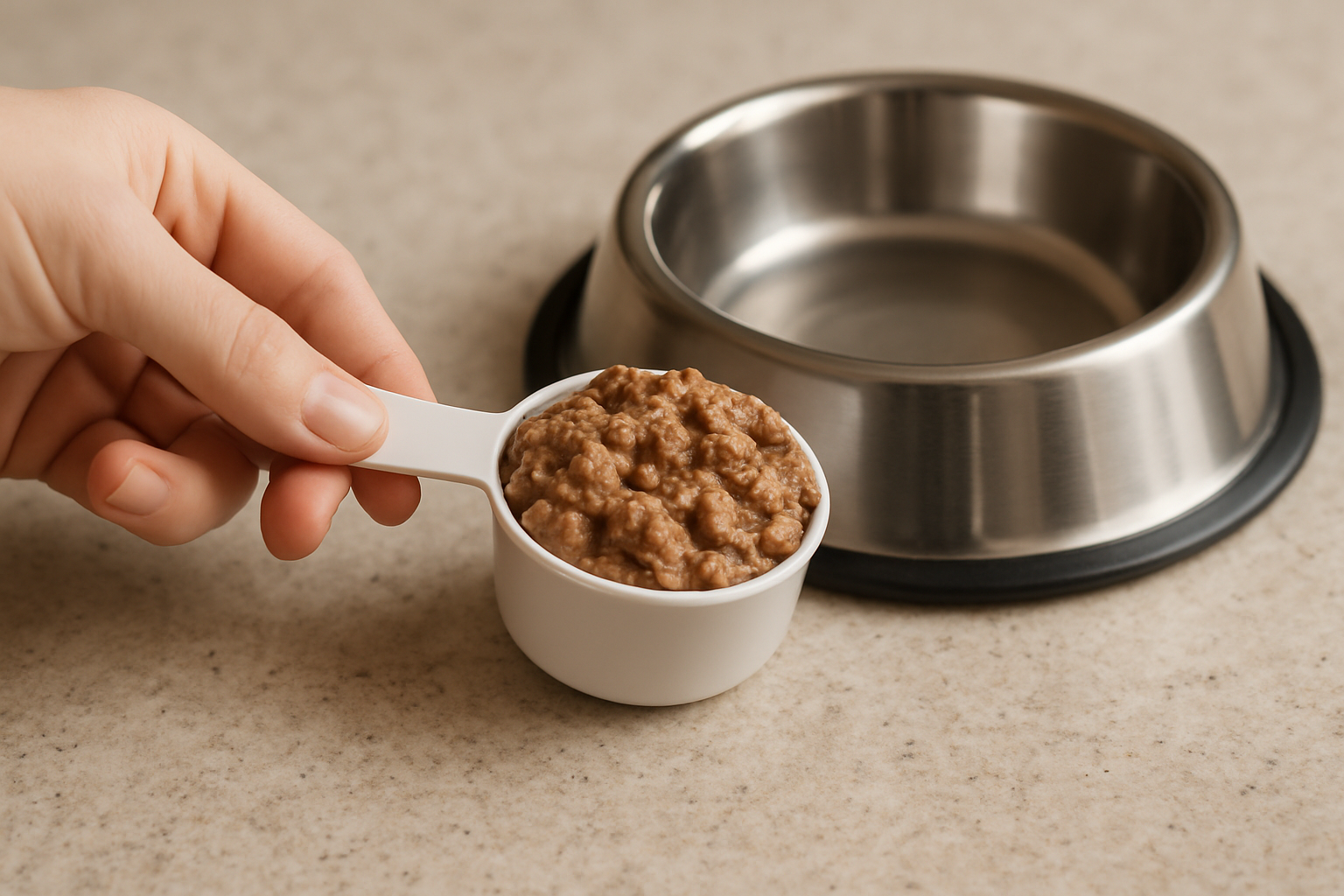 Measuring portion of wet cat food with a scoop next to a feeding bowl. Alt: measuring proper wet cat food portions for daily feeding.