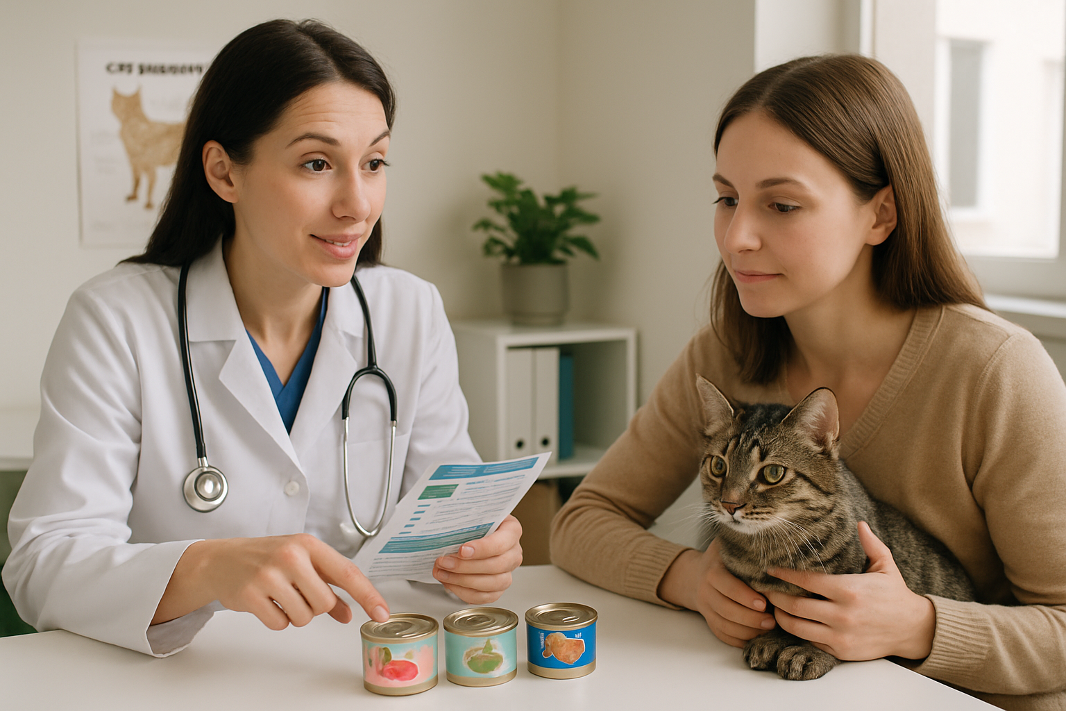 Veterinarian consulting cat owner about feeding nutritious wet cat food. Alt: vet advising cat parents on best wet cat food options.
