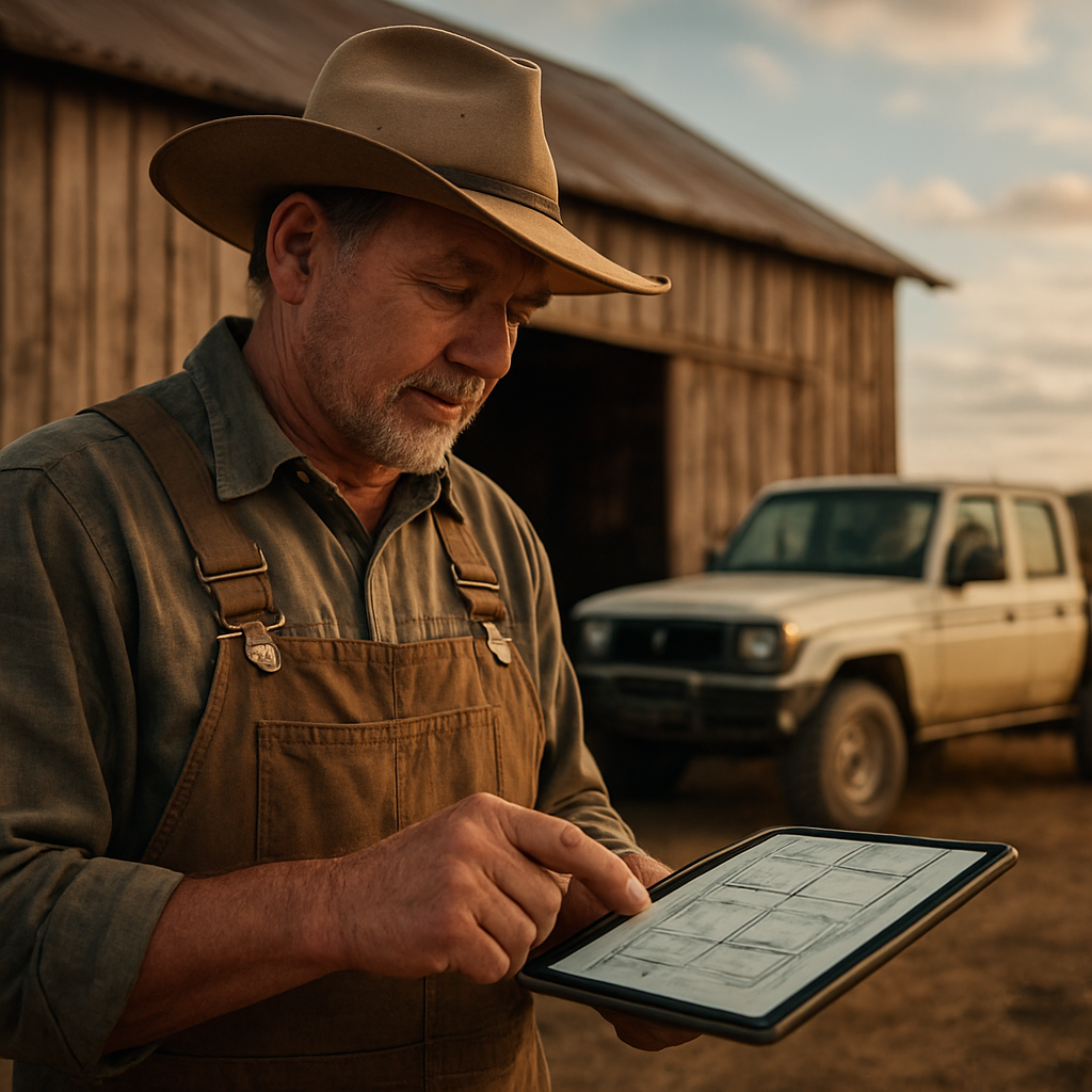 A farmer reviewing renovation plans on a tablet beside a barn, with a 4x4 truck in the background. Alt: rural builder planning farm renovation