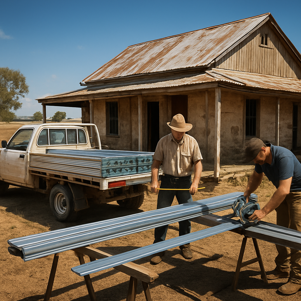 A rustic farmhouse undergoing renovation with a 4x4 truck delivering steel framing materials, showing workers measuring and cutting under a clear blue sky. Alt: cost breakdown typical expenses country home renovations
