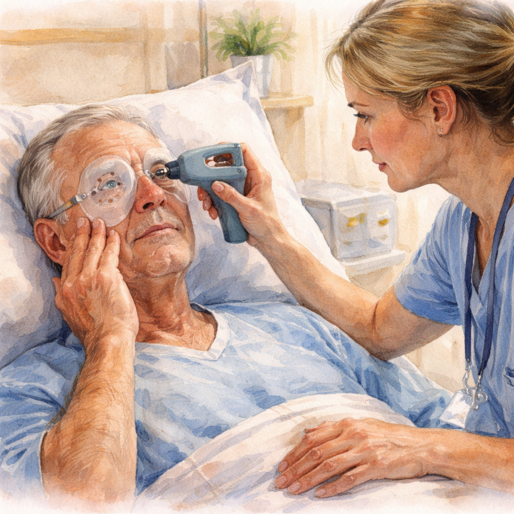 Watercolor painting of a patient’s eye being examined after cataract surgery, with a nurse checking pressure and the patient holding a protective eye shield. Alt: Post‑anesthesia recovery after cataract surgery, showing gentle care and monitoring.