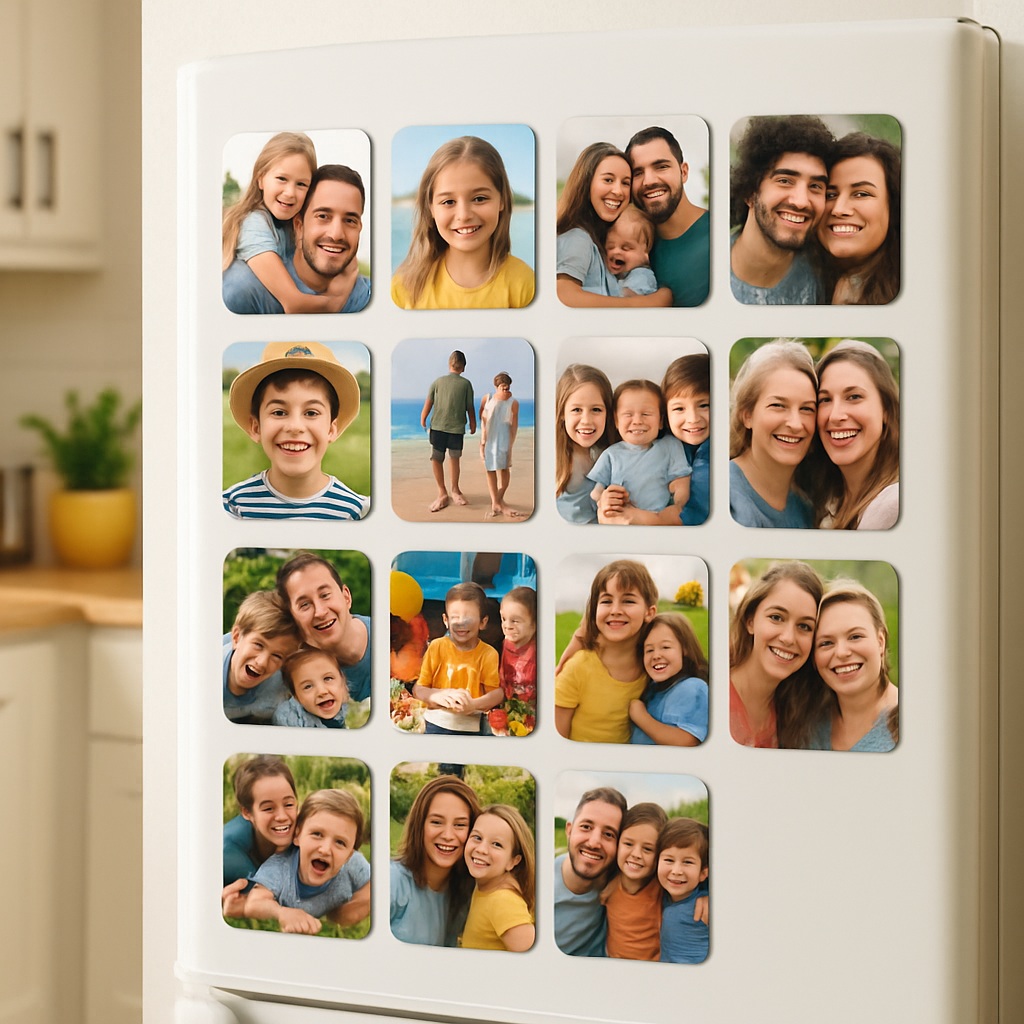 A bright kitchen fridge covered with a colorful collage of custom photo magnets, each showing a different family moment. Alt: Photo magnets on a fridge showcase personalized memories.