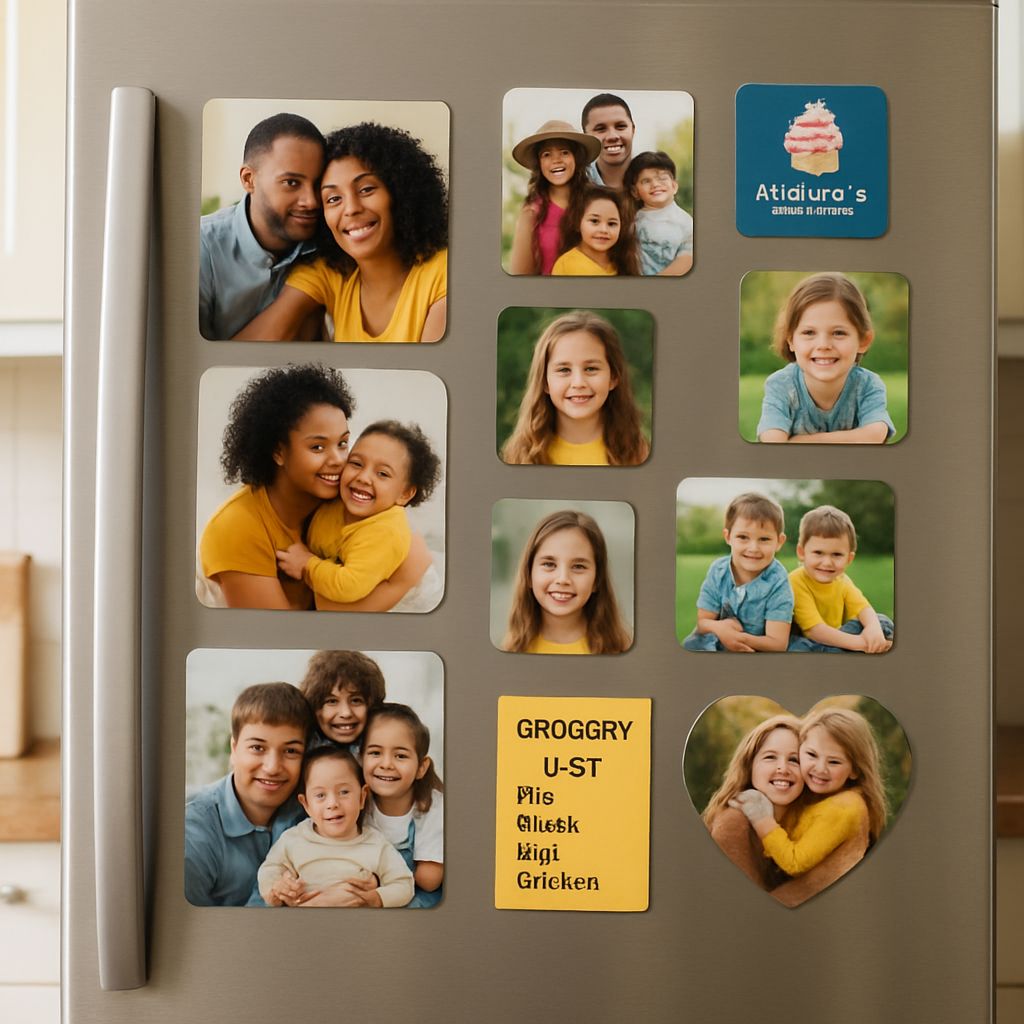A bright kitchen fridge covered with a collage of custom photo magnets in various shapes and sizes, showcasing family photos, a grocery list magnet, and a small business promotional magnet. Alt: Photo magnets displayed on a refrigerator as a personalized and functional decoration.