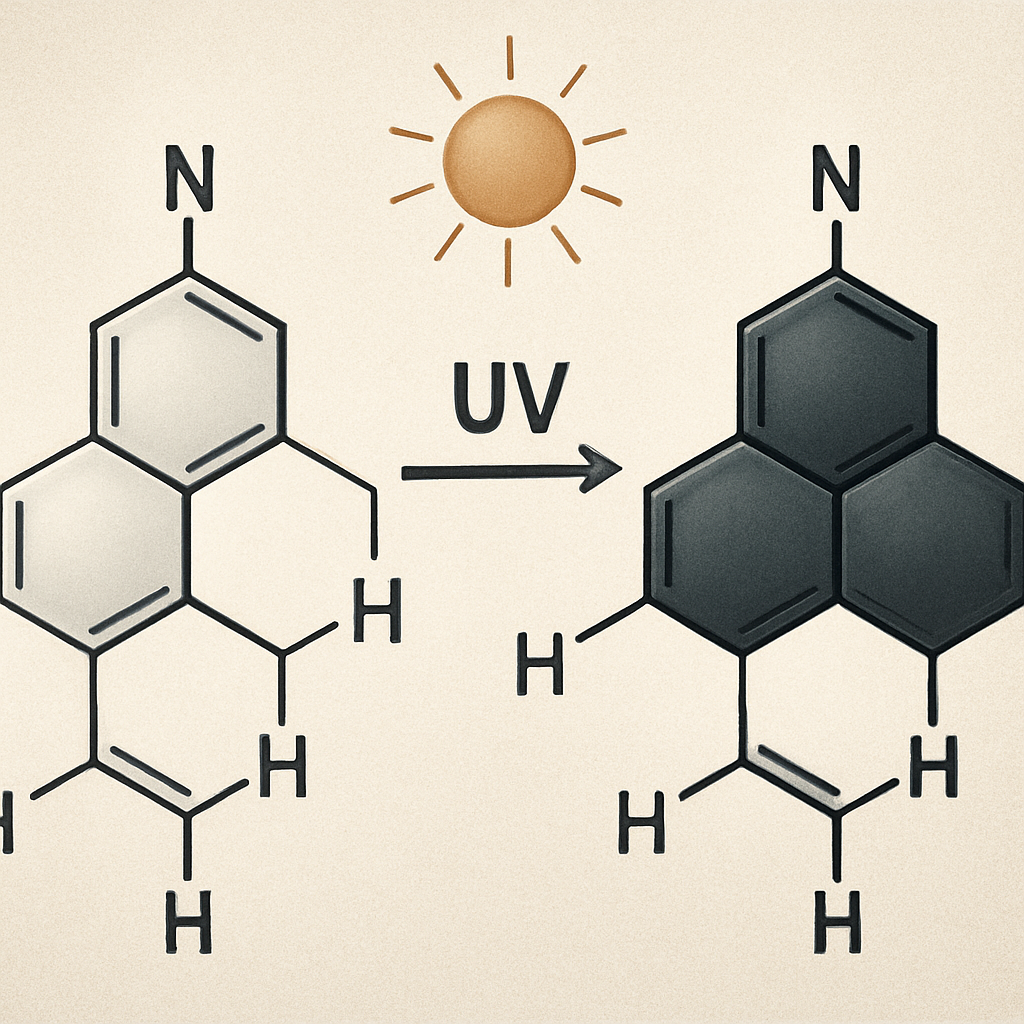 A close‑up illustration of photochromic lens molecules changing shape under UV light, showing the darkening effect. Alt: photochromic lens molecular reaction under sunlight