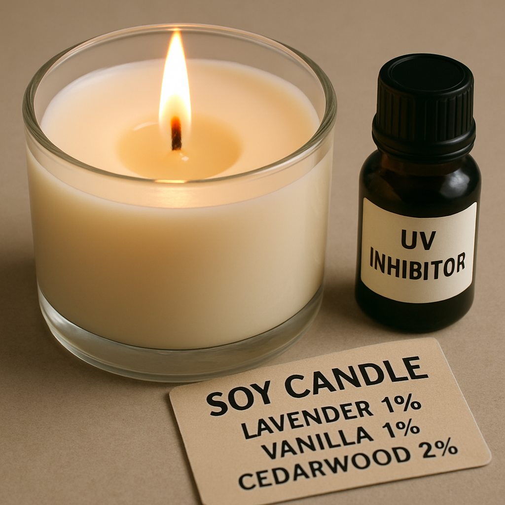 A close‑up of a soy candle melt pool with a smooth surface, a tiny UV inhibitor bottle beside it, and a label showing fragrance percentages. Alt: soy candle additives and fragrance oils illustration