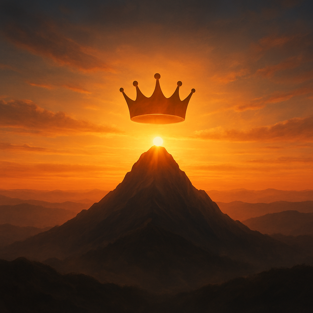 A serene sunrise over a mountain peak with a subtle crown silhouette hovering above, symbolizing victory over trials. Alt: Crown of Life victory over trials sunrise illustration.
