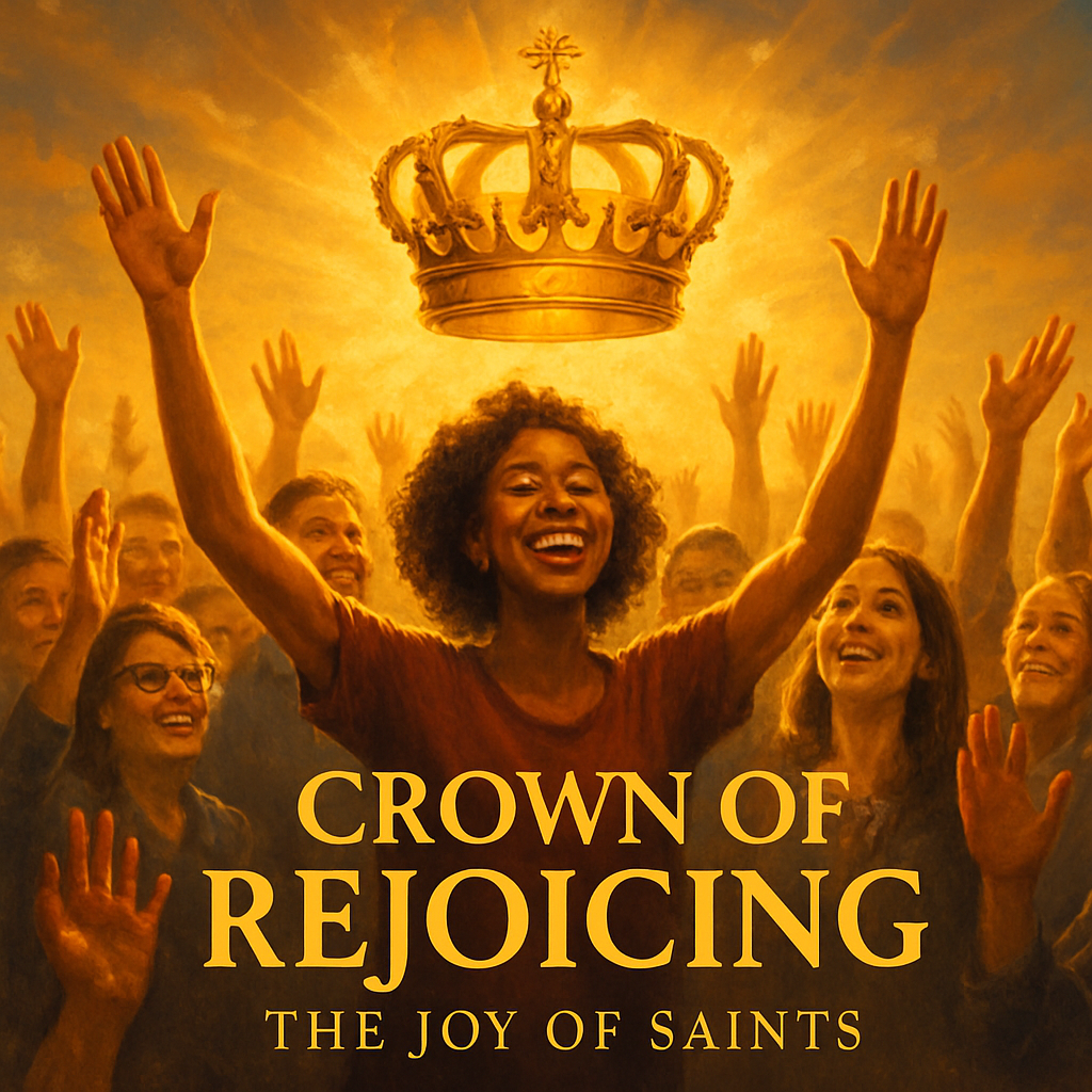 A warm, sunlit gathering of believers raising hands in praise, symbolizing the Crown of Rejoicing and the joy of saints. Alt: Crown of Rejoicing joyful believers celebrating together.