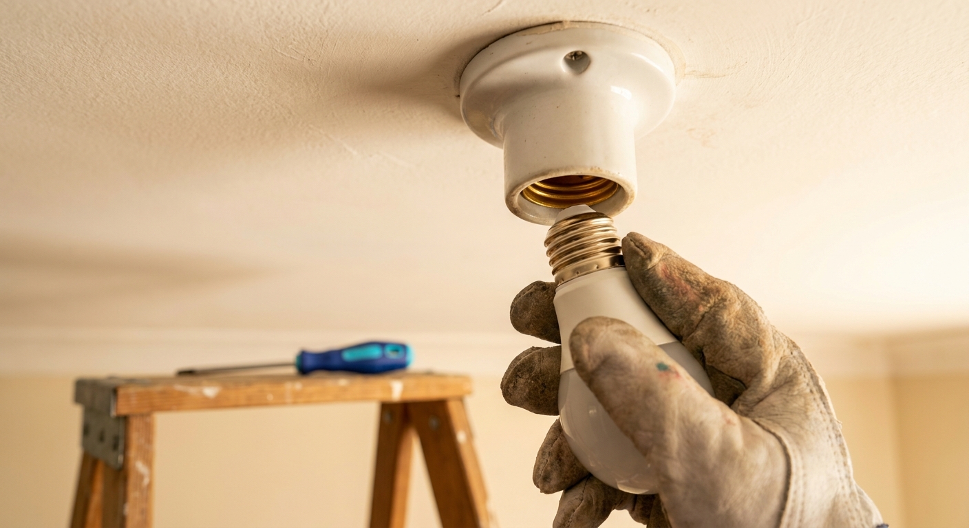 A realistic close‑up of a light bulb being screwed into a ceiling fixture, showing the metal threads and socket interior, bright indoor lighting, photorealistic style. Alt: loose bulb and socket causing flicker
