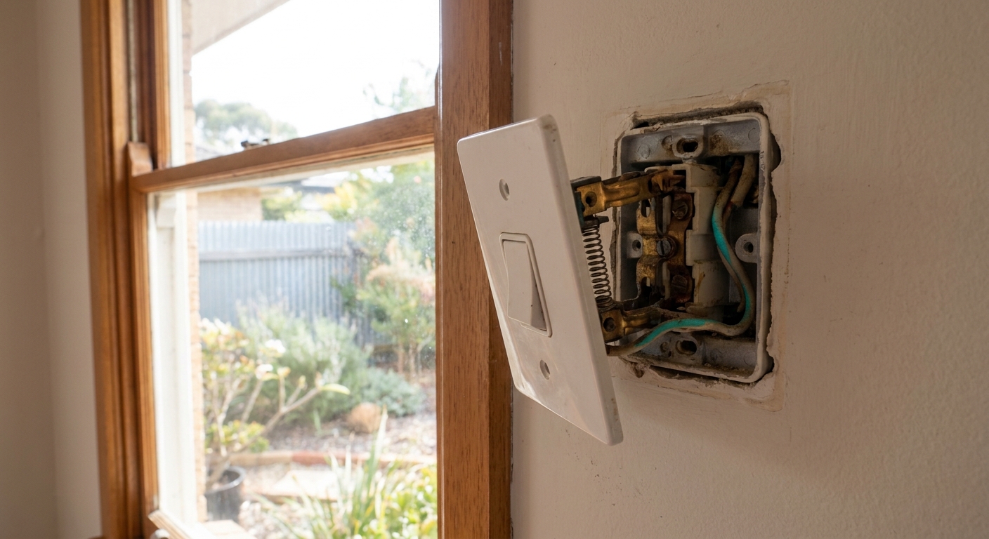 A realistic view of a residential light switch with its faceplate removed, showing the internal spring and metal contacts, bright natural light from a window, photorealistic style. Alt: faulty switch causing flicker