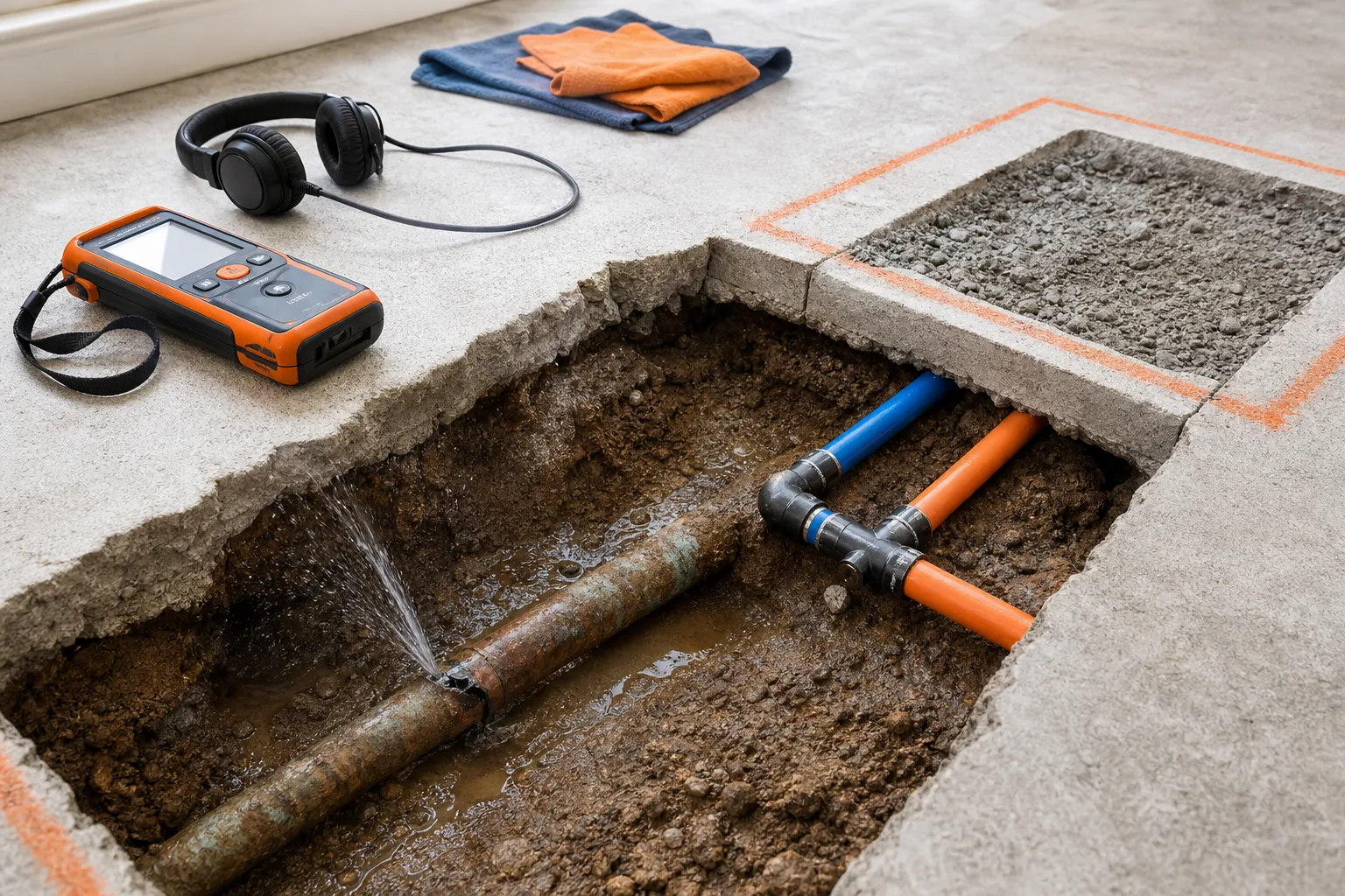 slab leak repair methods including rerouting and spot repair