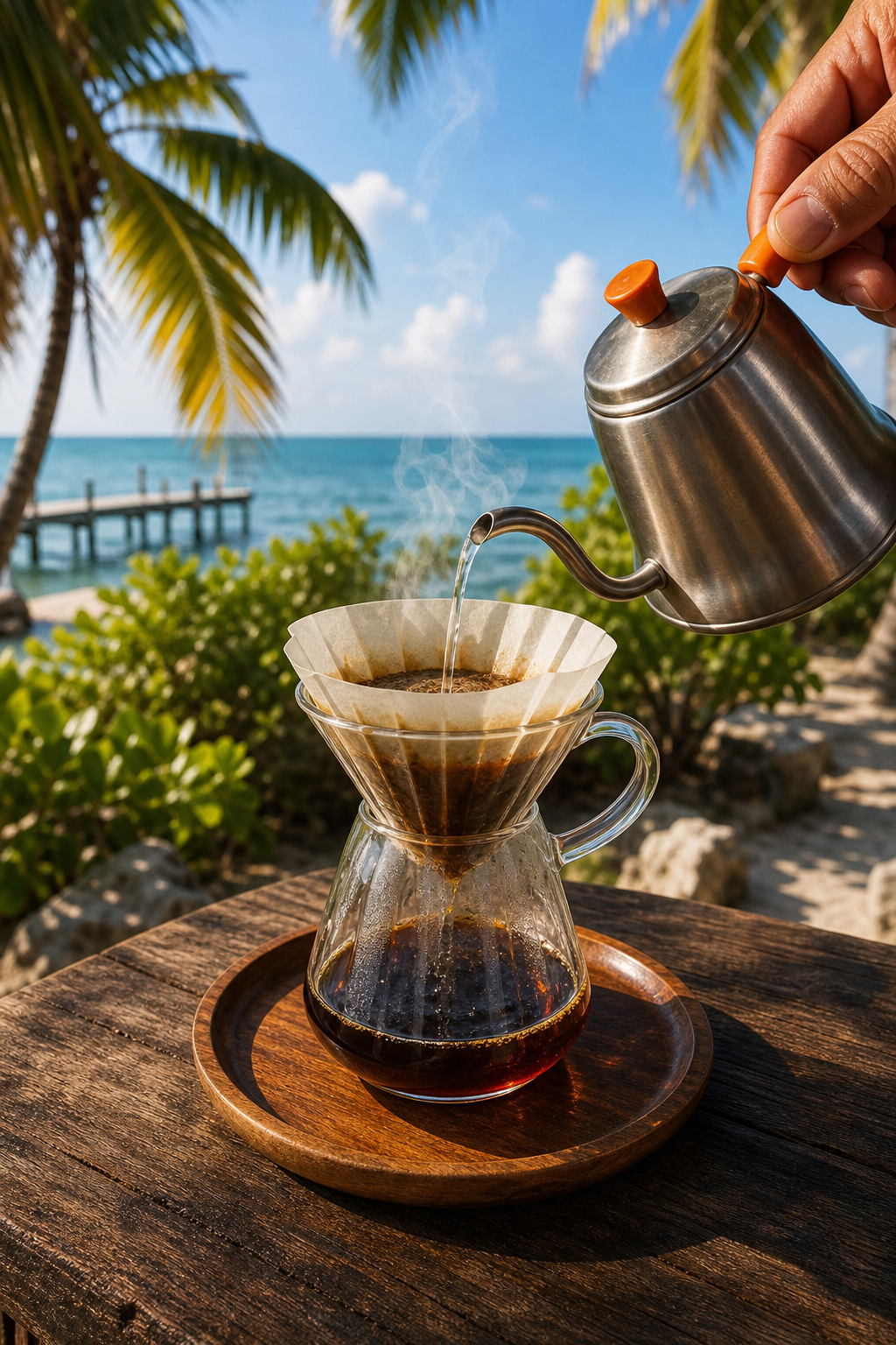 A realistic scene of a hand pouring hot water over a coffee filter set on a wooden saucer, steam rising, sunlight catching the liquid, Realism style. Alt: pour‑over brewing for bright Florida Keys flavor