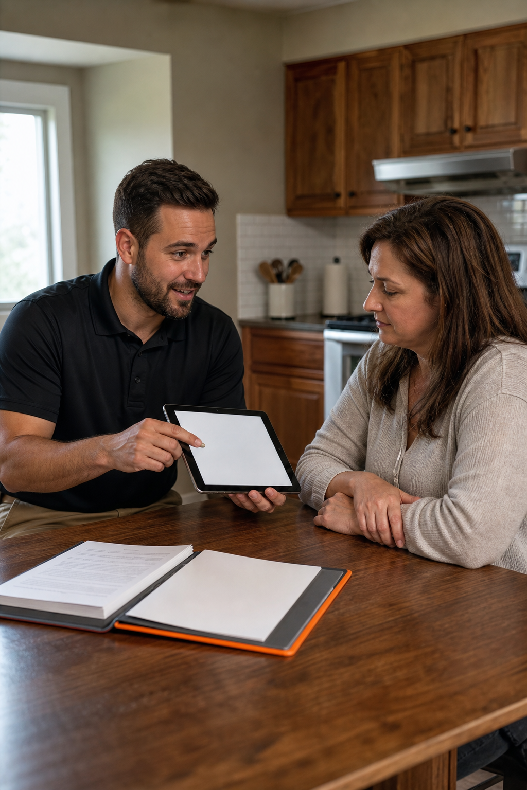A realistic scene of a friendly Home Worx technician discussing financing options with a homeowner in a modest kitchen, showing paperwork and a tablet screen, warm lighting, alt: home worx financing discussion