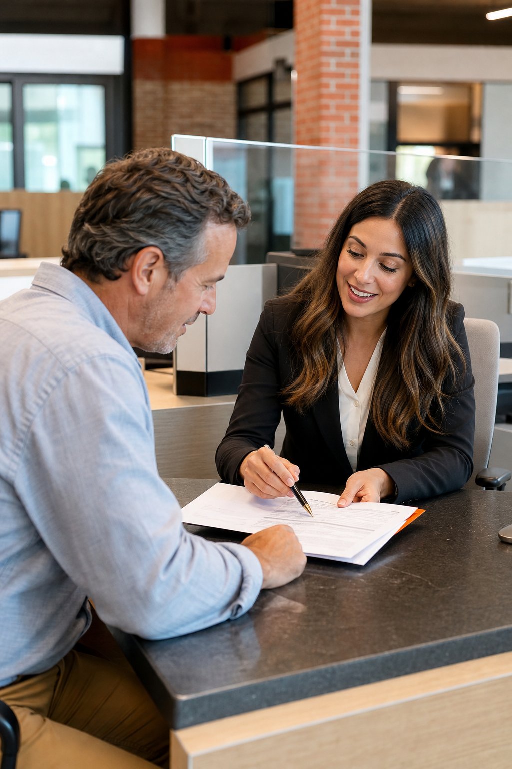 A realistic photo of a credit union interior with a teller helping a homeowner review loan documents, alt: credit union loan discussion
